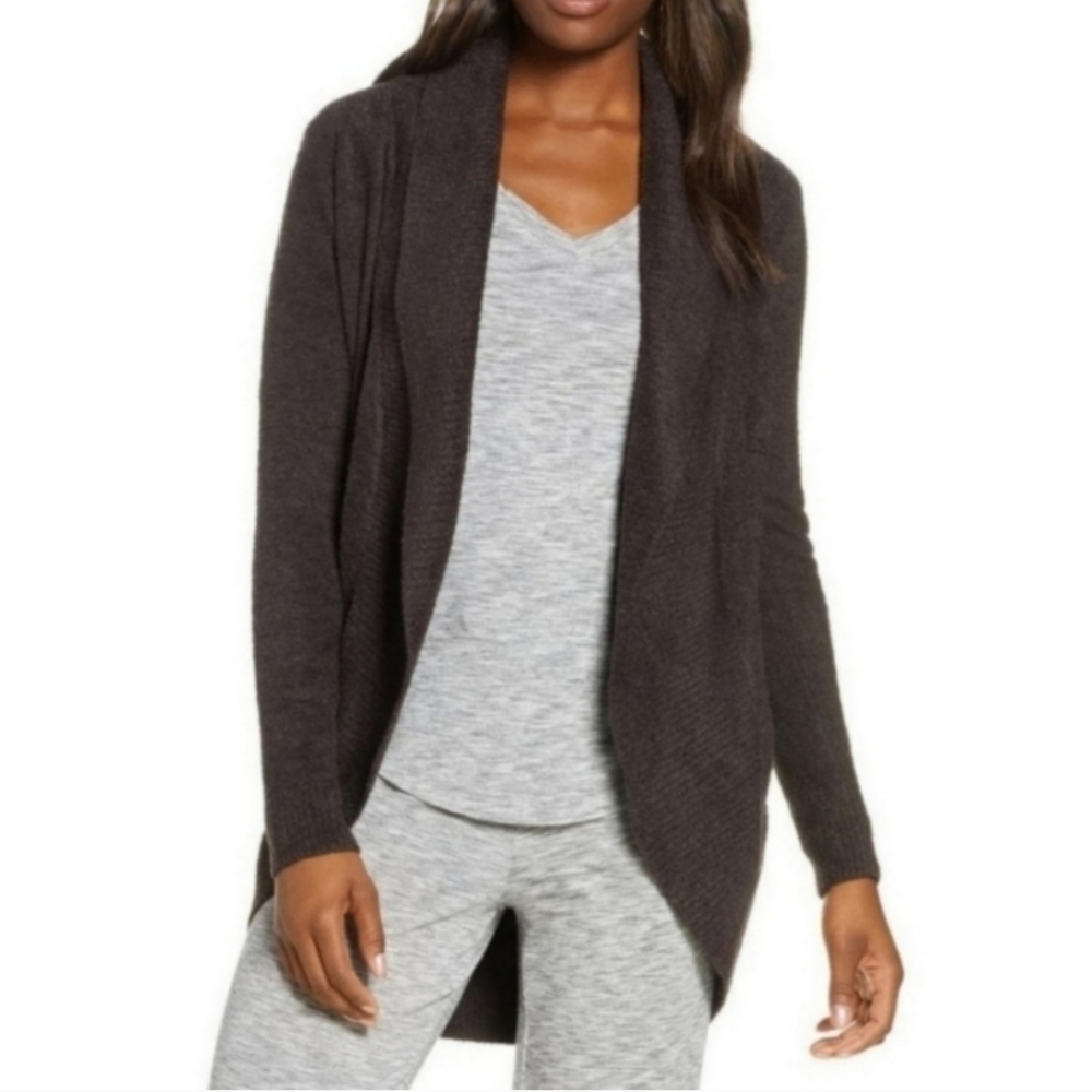 Barefoot Dreams Brown Ribbed CozyChic Lite Circle Plush Knit Longline Cardigan